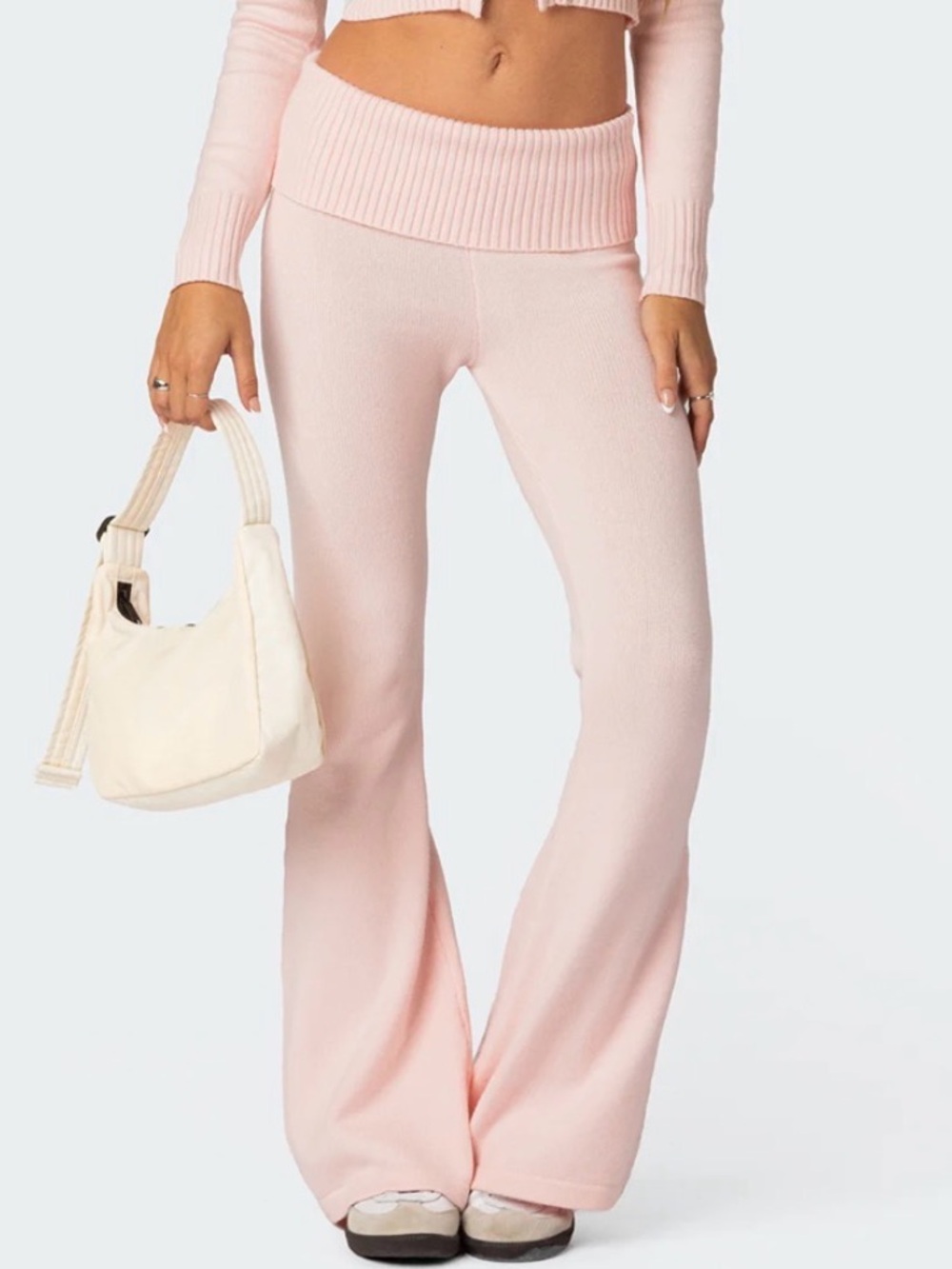 Edikted Blush Pink Knit Flared Leggings